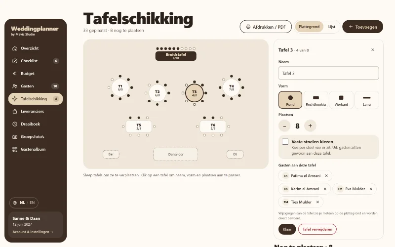 De tafelschikking op de computer: een plattegrond met bruidstafel, ronde en rechthoekige tafels met stoeltjes, bar, dansvloer en DJ. Tafel 3 is geselecteerd met de gasten die er zitten.