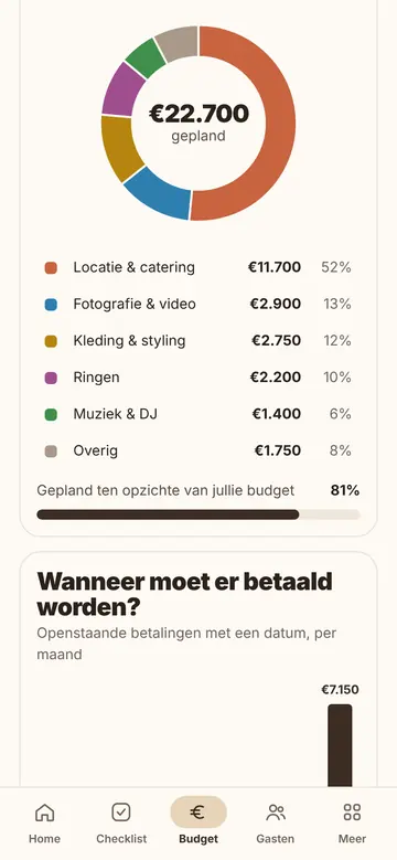 Het budget op een telefoon: een ringdiagram met de geplande kosten per categorie en een staafdiagram met de betalingen per maand.