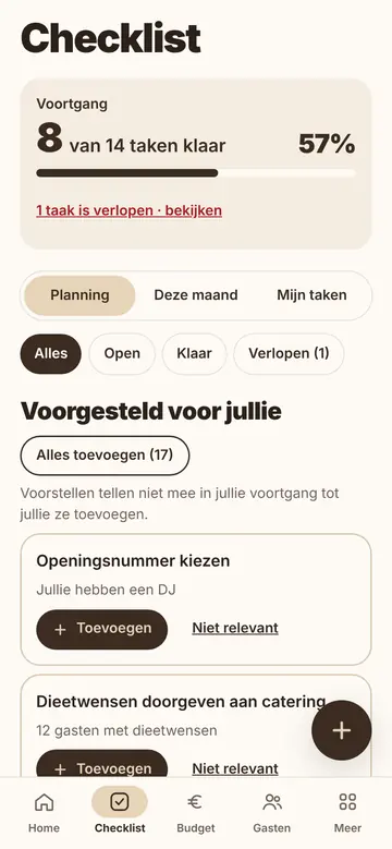 De checklist op een telefoon met voortgang, weergaven en voorstellen die je kunt toevoegen of als niet relevant kunt markeren.