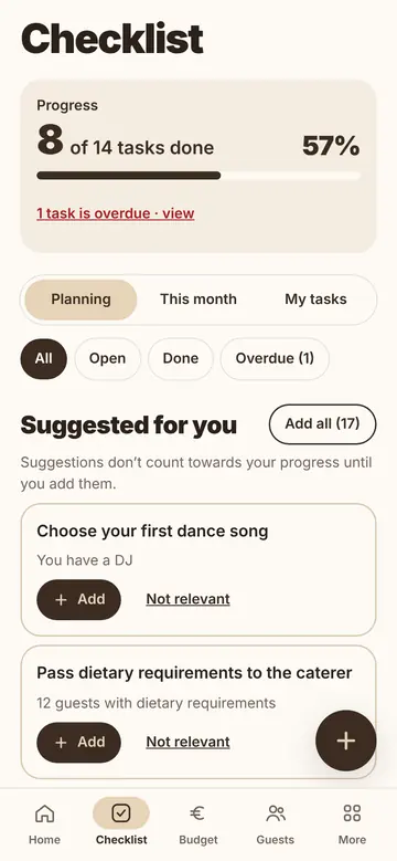 The checklist on a phone with progress, views and suggestions you can add or mark as not relevant.