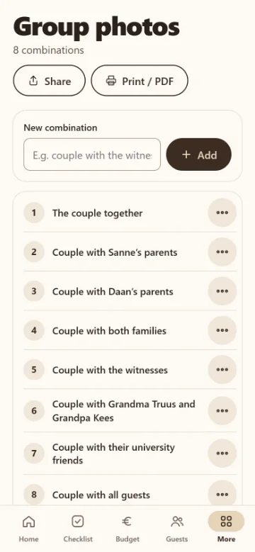 The group photo list on a phone: numbered combinations such as the couple with their parents and with the witnesses.