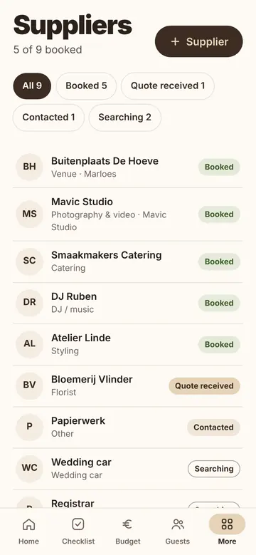Suppliers on a phone with the category and a status such as Booked or Quote received for each supplier.