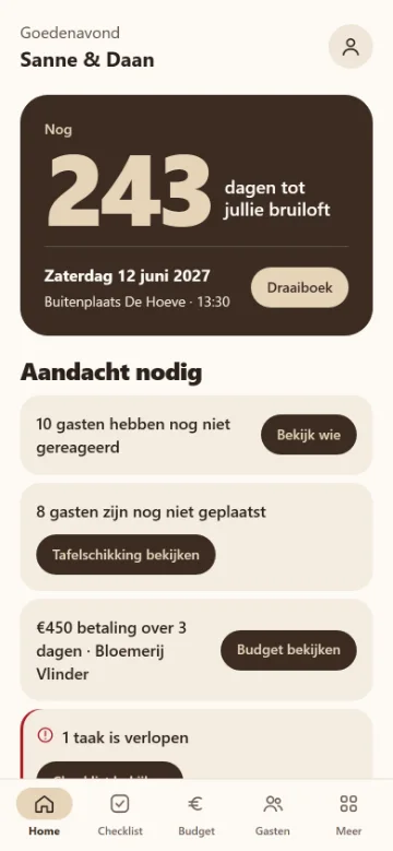 Het overzicht van de Weddingplanner op een telefoon: het aantal dagen tot de bruiloft, de datum en locatie, en wat er aandacht nodig heeft.