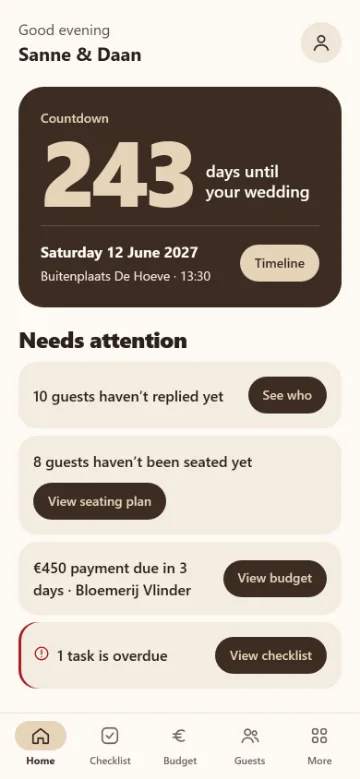 The Weddingplanner overview on a phone: the number of days until the wedding, the date and venue, and what needs attention.